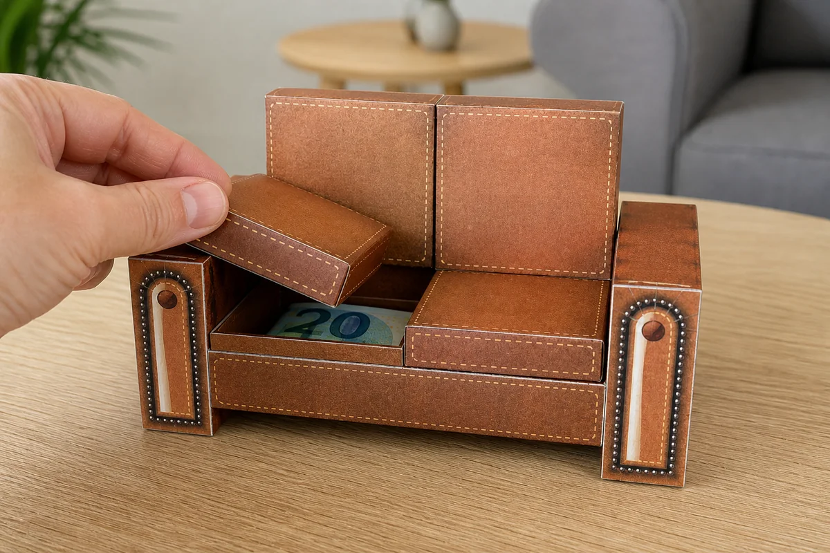 Unter dem Sitzkissen des gebastelten Papiersofas liegt ein Geldschein